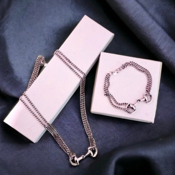 Sterling Silver HorseBit Necklace Bracelet Set Matching Snaffle Stirrup D Ring - Picture 3 of 10